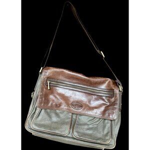 Vtg Fossil Brown Leather Green Plaid Messenger Bag Laptop Preppy Dark Academia